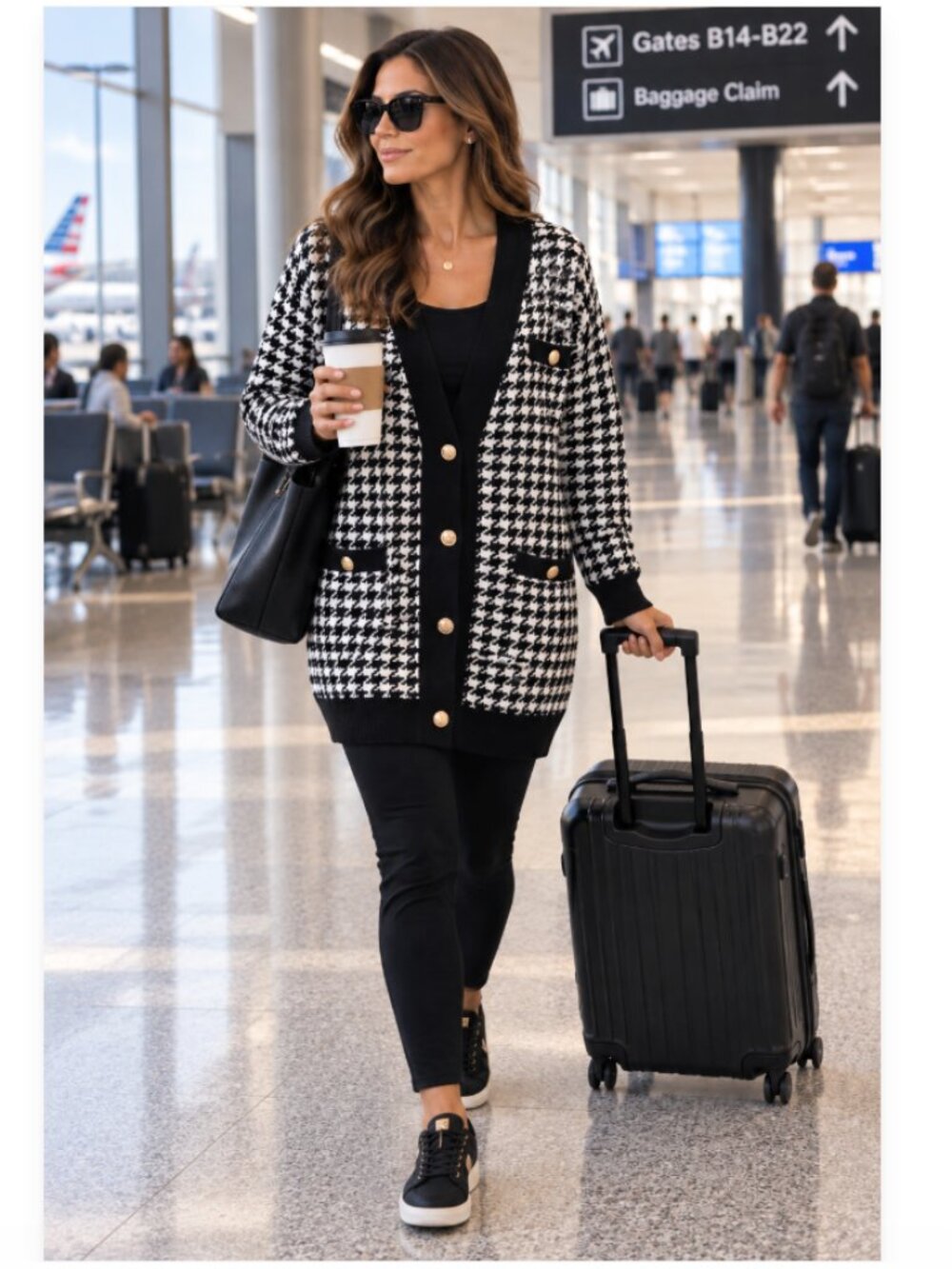 Cyrus XL Black White Houndstooth Long Cardigan Gold Buttons